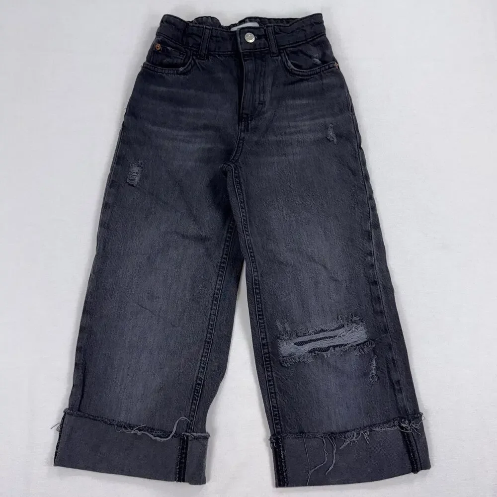 Zara Kids Girls Distressed Wide Leg Jean Size 9 Washed Black Gray
